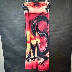 Red Sumi-E Dragon Wide Leg Size XL Watercolor Tie Dye Festival Tall Girl